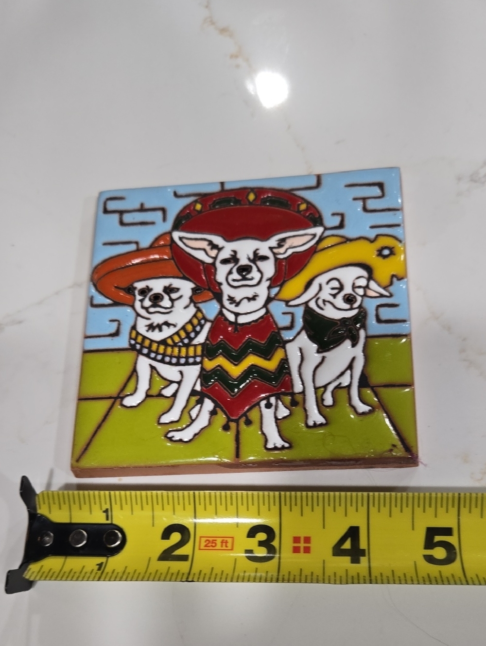 Hand-Painted Tile with Three Amigos Chihuahuas in Colorful Sombreros